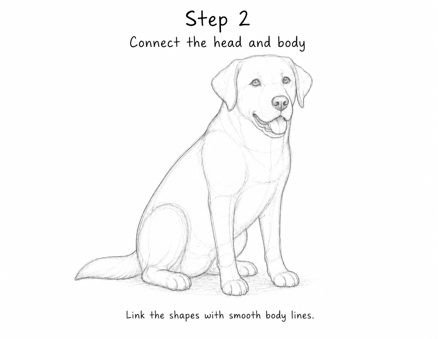 Step 2 of Labrador drawing tutorial: the head circle connected to the oval body with two curved neck lines and a chest curve