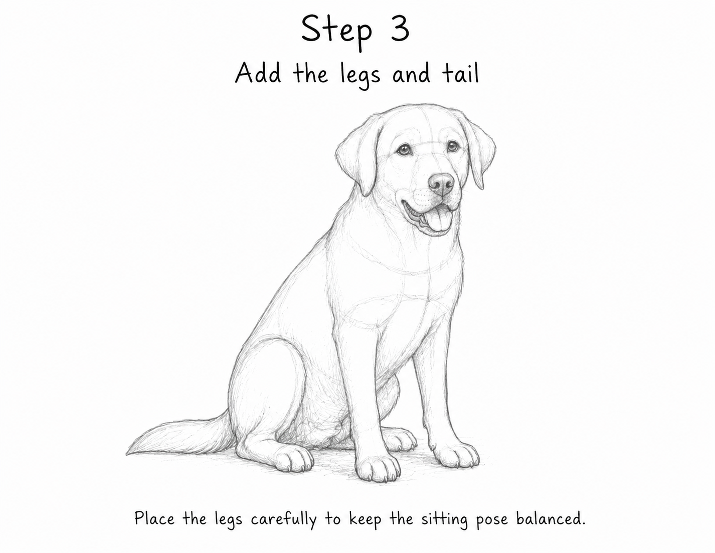 Step 3 of Labrador drawing tutorial: four legs with rounded paws and a thick otter tail added to the dog's body