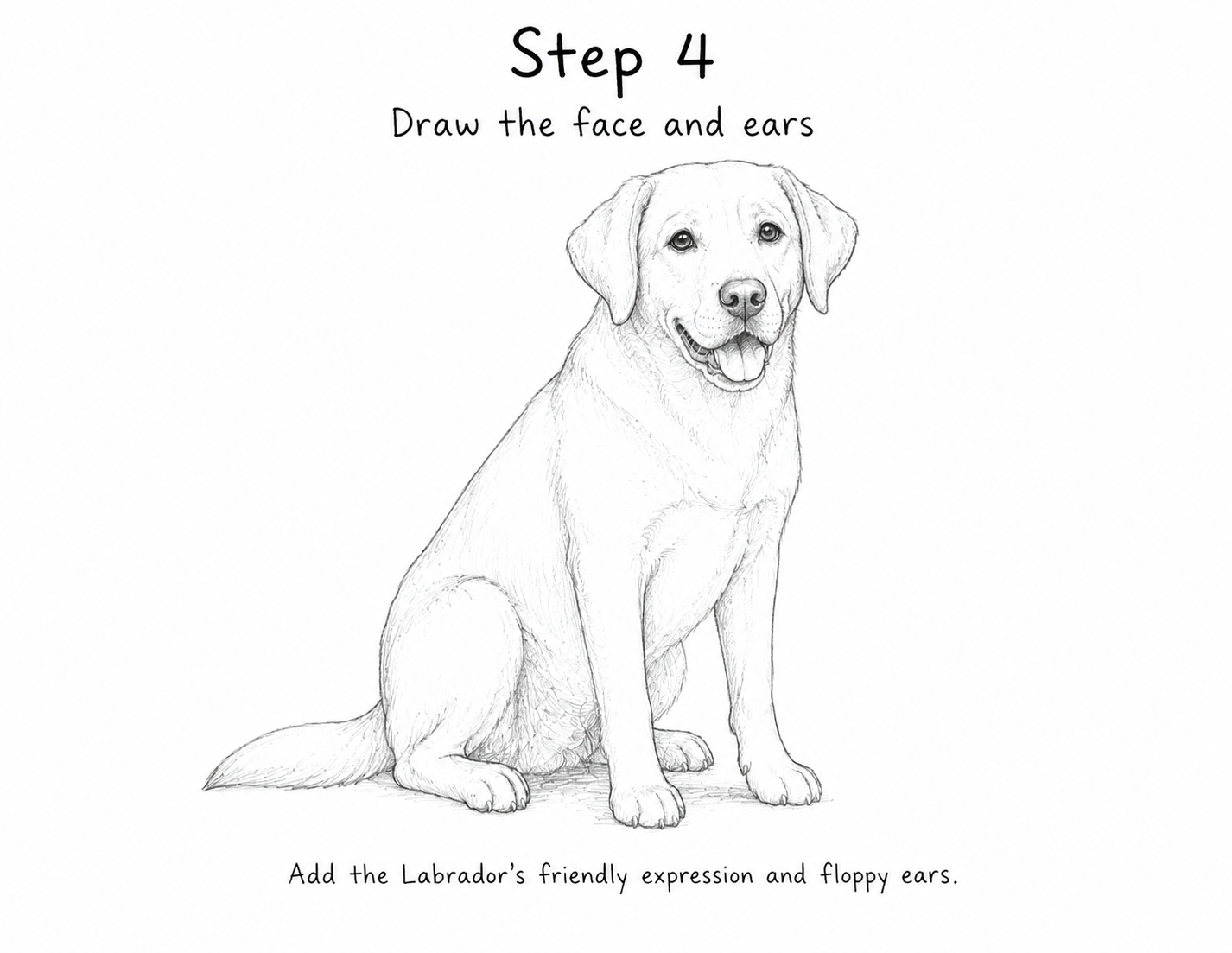 Step 4 of Labrador drawing tutorial: floppy triangular ears, round eyes, wide nose and smiling mouth drawn on the dog's head