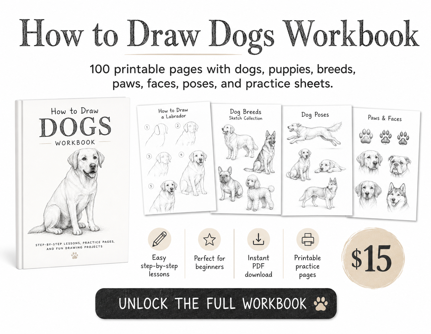 Cover of How to Draw Dogs, a 100 page printable drawing workbook